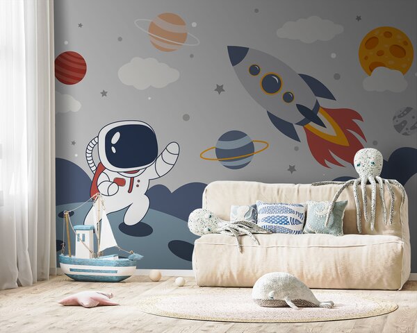 Fototapeta Kreskówka astronauty spacerującego po planecie z rakietą na niebie, Fototapety Dziecięce, Popularne Fototapety, u95706 - Tapeko.pl