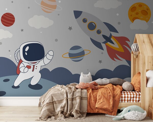Fototapeta Kreskówka astronauty spacerującego po planecie z rakietą na niebie, Fototapety Dziecięce, Popularne Fototapety, u95706 - Tapeko.pl