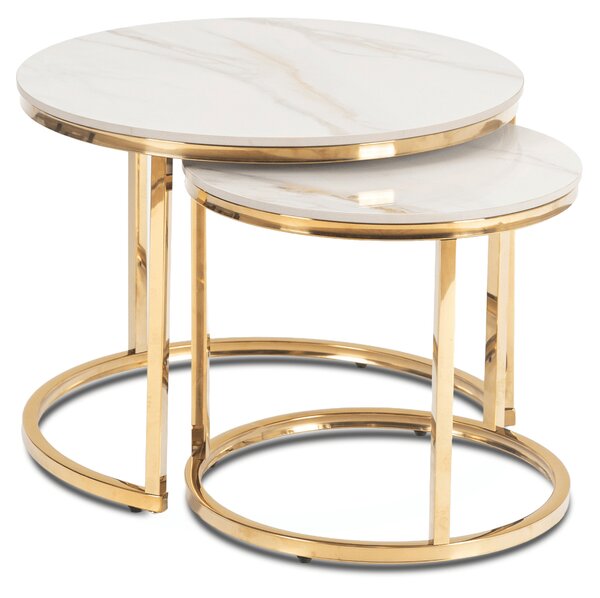 Zestaw Stolików Kawowych MILANO 45 cm/60 cm Biały Marmur/Złoty Glamour
