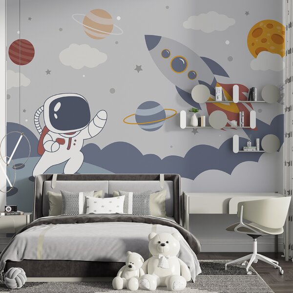 Fototapeta Kreskówka astronauty spacerującego po planecie z rakietą na niebie, Fototapety Dziecięce, Popularne Fototapety, u95706 - Tapeko.pl