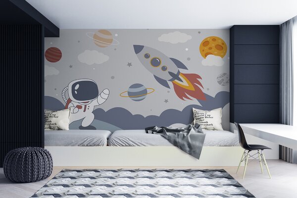 Fototapeta Kreskówka astronauty spacerującego po planecie z rakietą na niebie, Fototapety Dziecięce, Popularne Fototapety, u95706 - Tapeko.pl