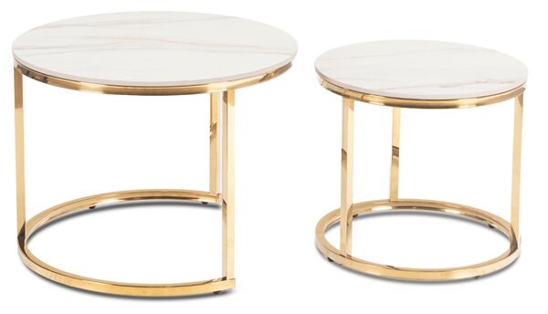 Zestaw Stolików Kawowych MILANO 45 cm/60 cm Biały Marmur/Złoty Glamour