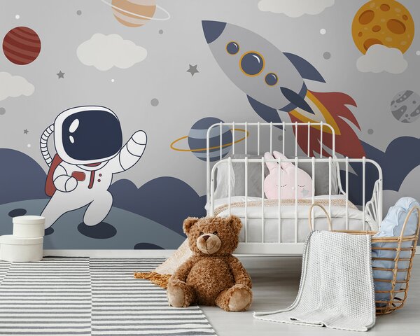 Fototapeta Kreskówka astronauty spacerującego po planecie z rakietą na niebie, Fototapety Dziecięce, Popularne Fototapety, u95706 - Tapeko.pl