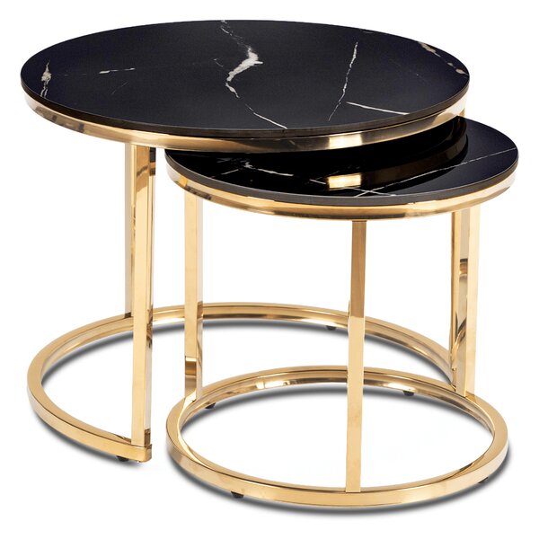 Zestaw Stolików Kawowych MILANO 45 cm/60 cm Czarny Marmur/Złoty Glamour