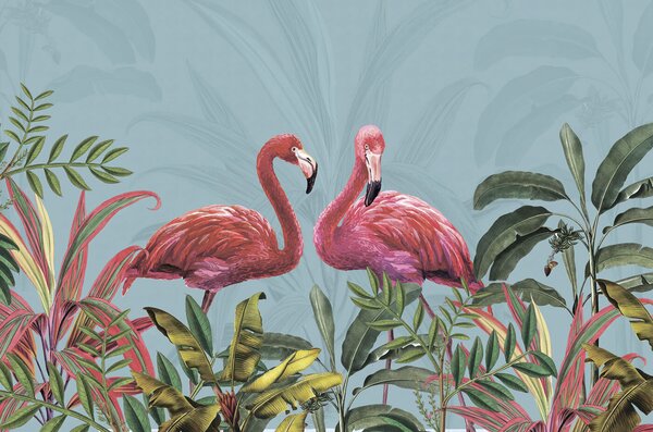 Fototapeta Dwa różowe flamingi i zielone liście, Fototapety z zwierzętami, Popularne Fototapety, u95732 - Tapeko.pl