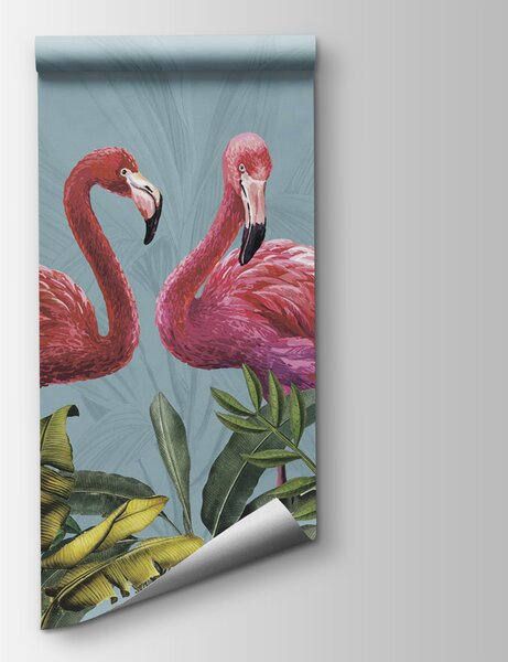 Fototapeta Dwa różowe flamingi i zielone liście, Fototapety z zwierzętami, Popularne Fototapety, u95732 - Tapeko.pl