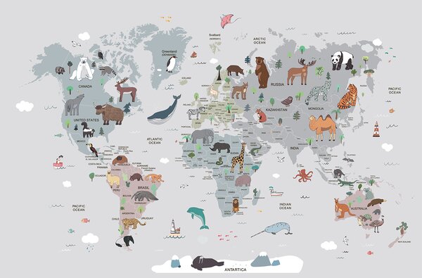 Fototapeta Mapa świata ze zwierzętami, Fototapety Dziecięce, Popularne Fototapety, u95844 - Tapeko.pl