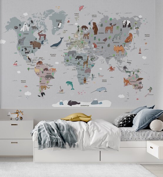 Fototapeta Mapa świata ze zwierzętami, Fototapety Dziecięce, Popularne Fototapety, u95844 - Tapeko.pl