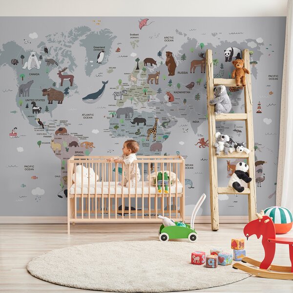 Fototapeta Mapa świata ze zwierzętami, Fototapety Dziecięce, Popularne Fototapety, u95844 - Tapeko.pl