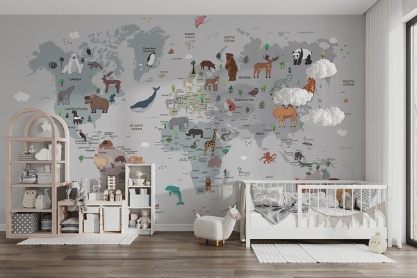 Fototapeta Mapa świata ze zwierzętami, Fototapety Dziecięce, Popularne Fototapety, u95844 - Tapeko.pl