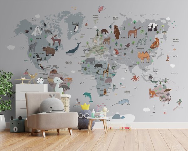 Fototapeta Mapa świata ze zwierzętami, Fototapety Dziecięce, Popularne Fototapety, u95844 - Tapeko.pl