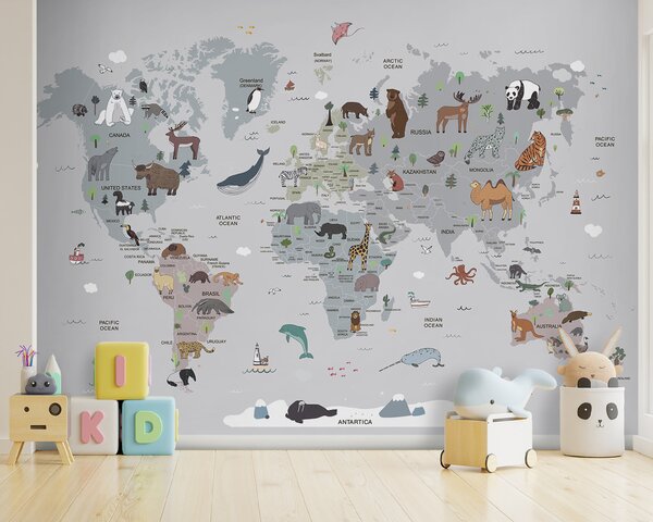 Fototapeta Mapa świata ze zwierzętami, Fototapety Dziecięce, Popularne Fototapety, u95844 - Tapeko.pl
