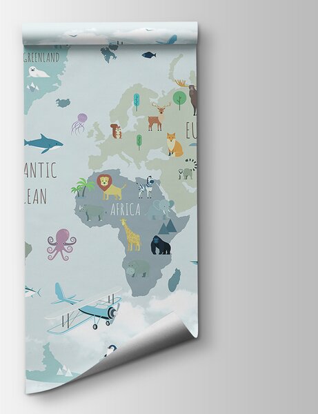 Fototapeta Mapa świata ze zwierzętami i ptakami, Fototapety Dziecięce, Popularne Fototapety, u96447 - Tapeko.pl