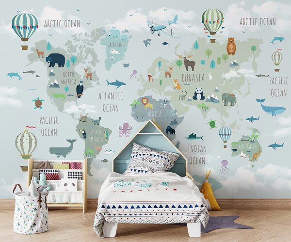 Fototapeta Mapa świata ze zwierzętami i ptakami, Fototapety Dziecięce, Popularne Fototapety, u96447 - Tapeko.pl