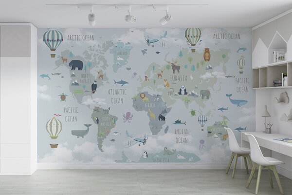 Fototapeta Mapa świata ze zwierzętami i ptakami, Fototapety Dziecięce, Popularne Fototapety, u96447 - Tapeko.pl