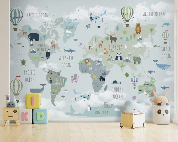 Fototapeta Mapa świata ze zwierzętami i ptakami, Fototapety Dziecięce, Popularne Fototapety, u96447 - Tapeko.pl