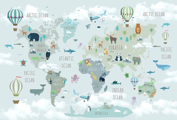 Fototapeta Mapa świata ze zwierzętami i ptakami, Fototapety Dziecięce, Popularne Fototapety, u96447 - Tapeko.pl