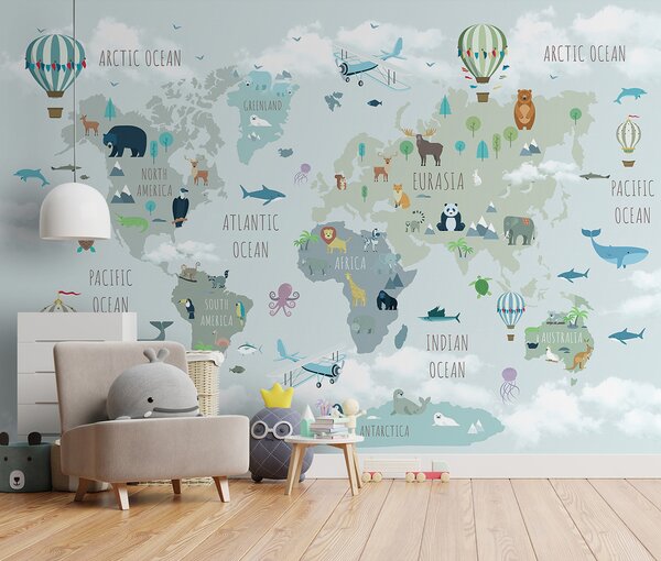 Fototapeta Mapa świata ze zwierzętami i ptakami, Fototapety Dziecięce, Popularne Fototapety, u96447 - Tapeko.pl