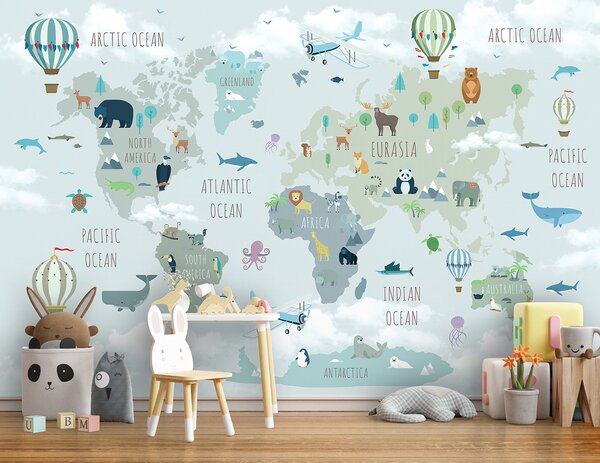 Fototapeta Mapa świata ze zwierzętami i ptakami, Fototapety Dziecięce, Popularne Fototapety, u96447 - Tapeko.pl
