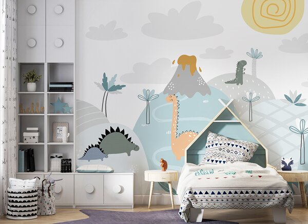 Fototapeta Kreskówka z dinozaurami na wzgórzu, Fototapety Dziecięce, Popularne Fototapety, u96460 - Tapeko.pl