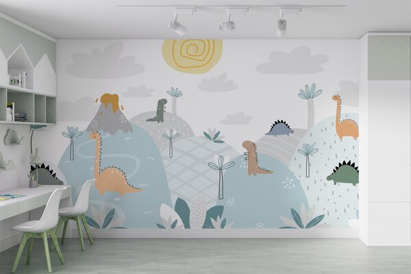 Fototapeta Kreskówka z dinozaurami na wzgórzu, Fototapety Dziecięce, Popularne Fototapety, u96460 - Tapeko.pl