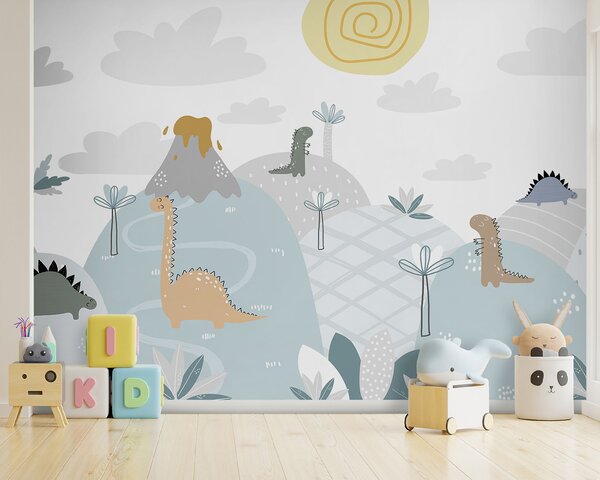Fototapeta Kreskówka z dinozaurami na wzgórzu, Fototapety Dziecięce, Popularne Fototapety, u96460 - Tapeko.pl