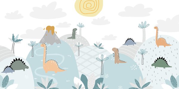 Fototapeta Kreskówka z dinozaurami na wzgórzu, Fototapety Dziecięce, Popularne Fototapety, u96460 - Tapeko.pl