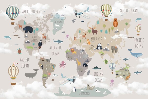 Fototapeta Mapa świata ze zwierzętami i ptakami, Fototapety Dziecięce, Popularne Fototapety, u96461 - Tapeko.pl