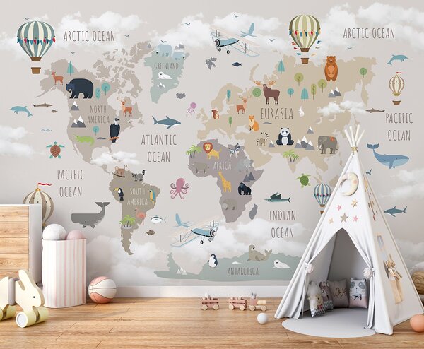 Fototapeta Mapa świata ze zwierzętami i ptakami, Fototapety Dziecięce, Popularne Fototapety, u96461 - Tapeko.pl