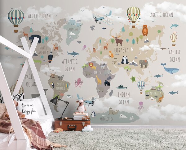 Fototapeta Mapa świata ze zwierzętami i ptakami, Fototapety Dziecięce, Popularne Fototapety, u96461 - Tapeko.pl