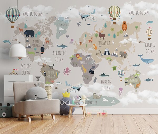 Fototapeta Mapa świata ze zwierzętami i ptakami, Fototapety Dziecięce, Popularne Fototapety, u96461 - Tapeko.pl