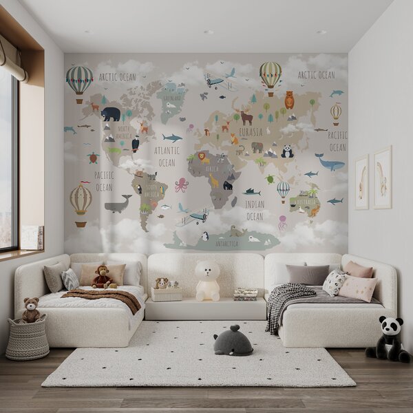 Fototapety Mapa świata ze zwierzętami i balonami, Fototapety Dziecięce, u96461 : Uwalls.pl