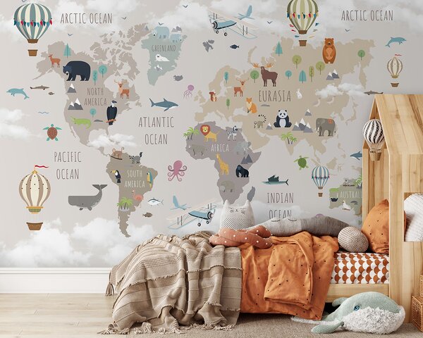 Fototapeta Mapa świata ze zwierzętami i ptakami, Fototapety Dziecięce, Popularne Fototapety, u96461 - Tapeko.pl