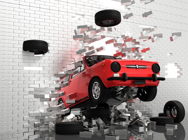 Fototapeta Samochód przebijający się przez ścianę, Fototapety 3d, Popularne Fototapety, u96599 - Tapeko.pl