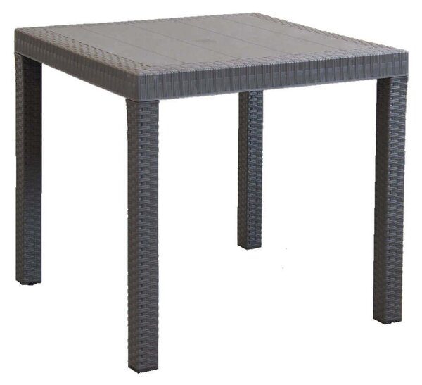 Kwadratowy stó ogrodowy 80 x 80 cm z tworzywa sztucznego imitujcego wiklin, z regulowanymi nogami i otworem na parasol w rodku – Nasa – DarkGray