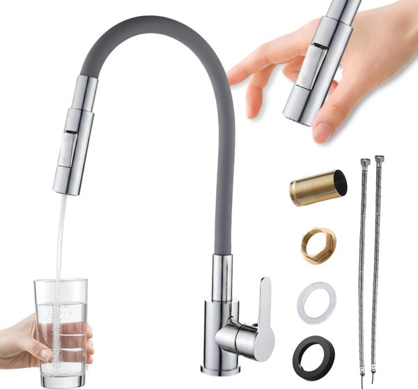 Granitan | RENO – bateria kuchenna – elastyczna wylewka – szara, chrom – mosidz – gowica ceramiczna
