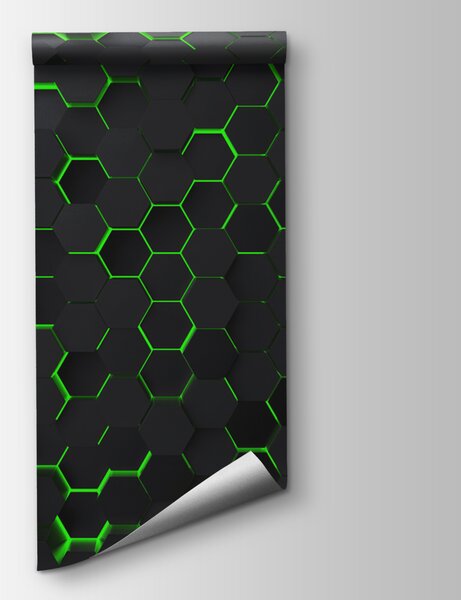 Fototapeta Czarne sześciokąty z zielonymi światłami, Fototapety 3d z figurami, Popularne Fototapety, u93618v1 - Tapeko.pl