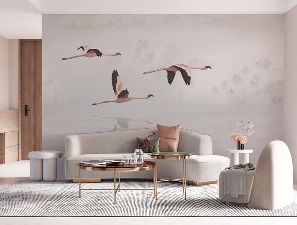 Fototapeta Grupa flamingów lecąca nad wodą, Fototapety Plaża, Popularne Fototapety, u97457 - Tapeko.pl