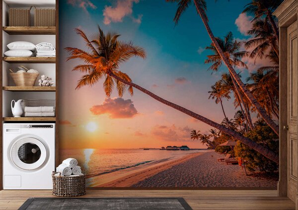 Fototapeta Plaża z palmami i zbiornikiem wodnym, Fototapety Plaża, Popularne Fototapety, u97886 - Tapeko.pl