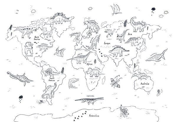 Fototapeta Mapa świata z dinozaurami, Fototapety Dziecięce, Popularne Fototapety, u98793 - Tapeko.pl