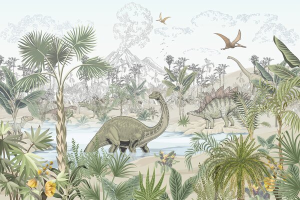 Fototapeta Grupa dinozaurów w rzece, Fototapety Dziecięce, Popularne Fototapety, u98674 - Tapeko.pl