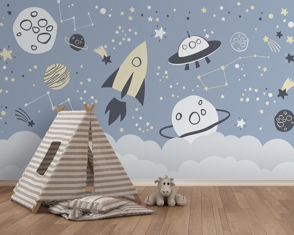 Fototapeta Kreskówkowa scena kosmiczna z planetami i gwiazdami, Fototapety Dziecięce, Popularne Fototapety, u98814 - Tapeko.pl