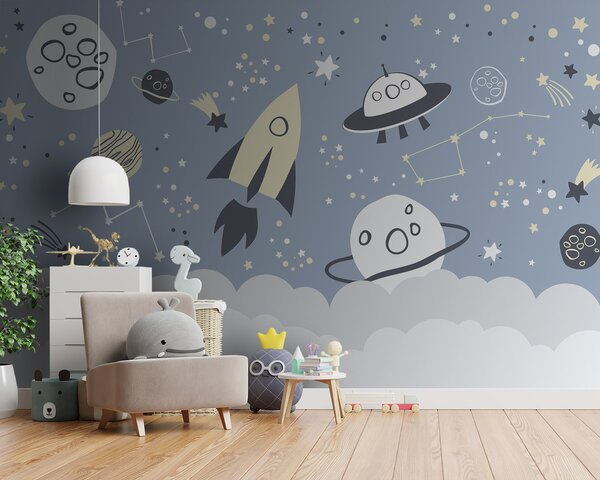 Fototapeta Kreskówkowa scena kosmiczna z planetami i gwiazdami, Fototapety Dziecięce, Popularne Fototapety, u98814 - Tapeko.pl