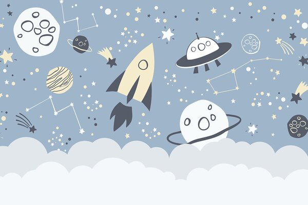 Fototapeta Kreskówkowa scena kosmiczna z planetami i gwiazdami, Fototapety Dziecięce, Popularne Fototapety, u98814 - Tapeko.pl