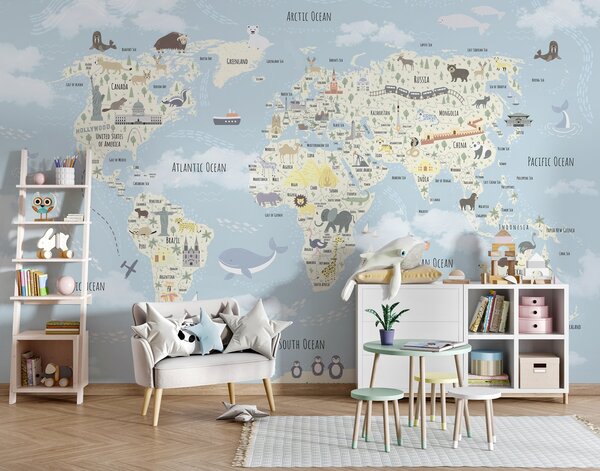 Fototapeta Mapa świata ze zwierzętami, Fototapety Dziecięce, Popularne Fototapety, u96587 - Tapeko.pl