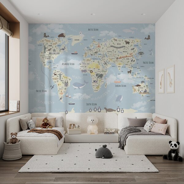 Fototapeta Mapa świata ze zwierzętami, Fototapety Dziecięce, Popularne Fototapety, u96587 - Tapeko.pl