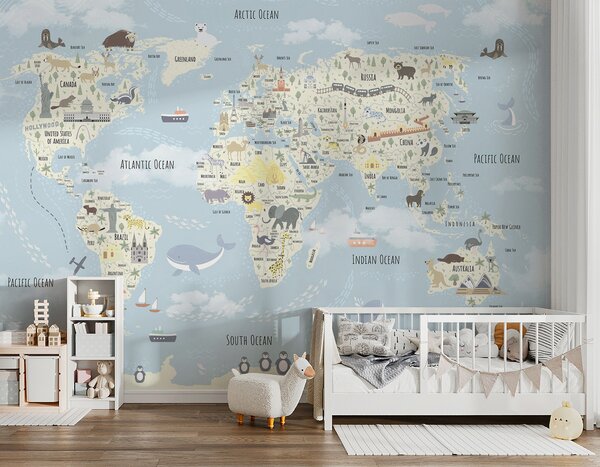 Fototapeta Mapa świata ze zwierzętami, Fototapety Dziecięce, Popularne Fototapety, u96587 - Tapeko.pl