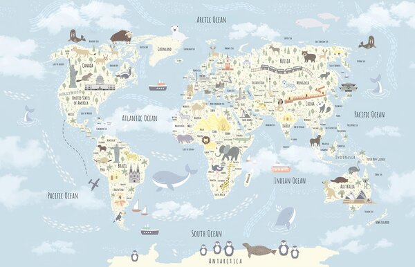 Fototapeta Mapa świata ze zwierzętami, Fototapety Dziecięce, Popularne Fototapety, u96587 - Tapeko.pl