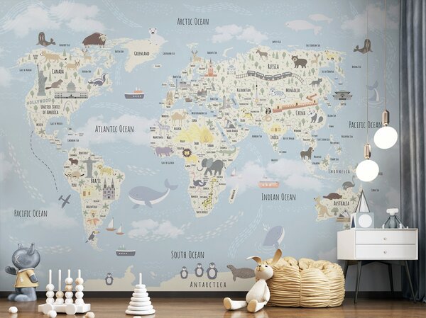 Fototapeta Mapa świata ze zwierzętami, Fototapety Dziecięce, Popularne Fototapety, u96587 - Tapeko.pl