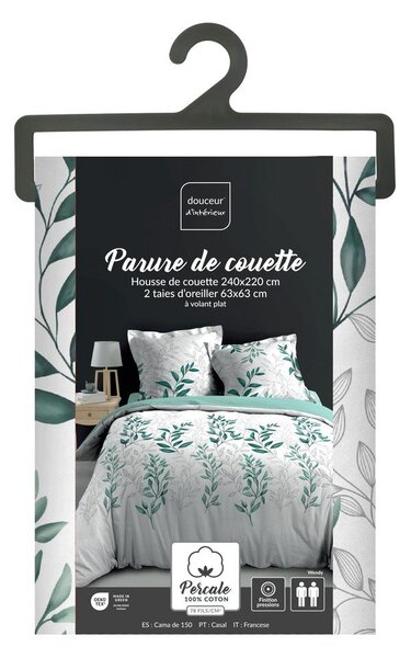 Biało-zielona pościel dwuosobowa z perkalu bawełnianego 240x220 cm Wendy – douceur d'intérieur